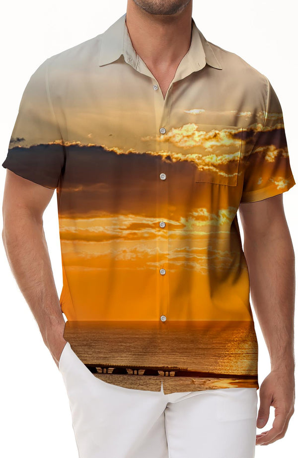 Unisex Beach Style Men's Hawaiian Shirt Casual Loose Comfortable Breathable Short Sleeve Fashion Shirt Sunset