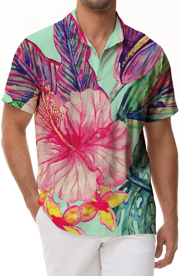 Men's Casual Loose Fashion Digital Printing Button Lapel Short Sleeve Retro Comfortable Button Hawaiian Shirt