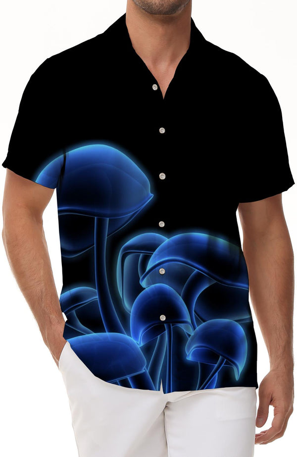 Magic Blue Mushroom Black Men's Short Sleeve Shirt Lapel Button Top Short Sleeve Hawaiian Loose Beach Short Sleeve Shirt