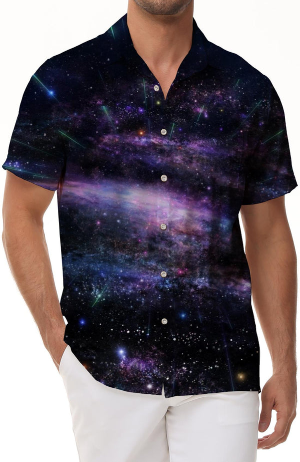 Outer Space Galaxy Street Fashion Men's Casual Loose Hawaiian Tropical Summer Button Beach Seaside Top