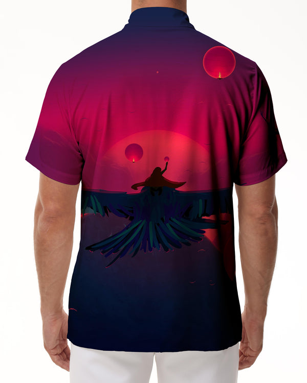 
Red sky moon flying lapel summer Hawaiian shirt for novelty short sleeve tops
                