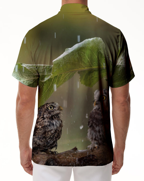 
Two Owls Hiding from Rain on Tree Branches Fun Fashion Men's Casual Printed Summer Hawaiian Lapel Button Shirt Short Sleeve Style
                