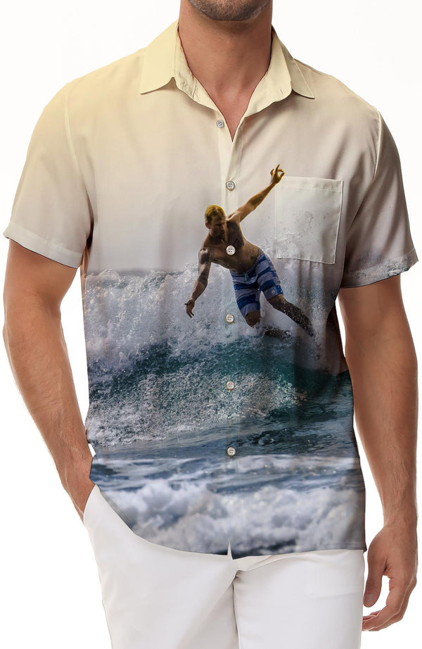 Hawaiian cool surfing fun casual men's short-sleeved button-down lapel personalized tops loose pocket shirt summer
