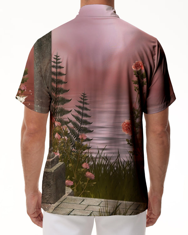 
Landscape print pattern casual men's summer loose street trend button-down lapel Hawaiian short-sleeved shirt tops
                