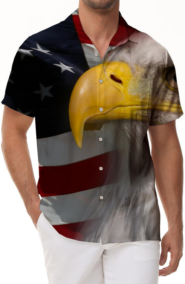 Vintage American Flag Bald Eagle Mens Casual Hawaiian Button Short Sleeve Pocket Lapel Loose Beach Vacation Clothing