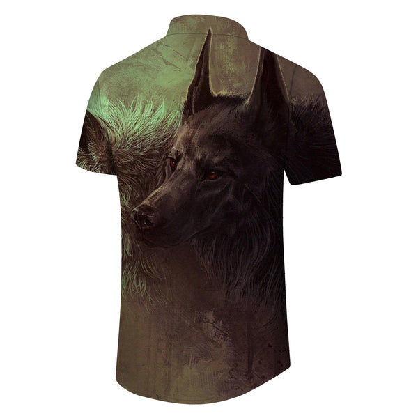 
Fierce Wolf Head Beach Vacation Cool Hawaiian Button Lapel Men's Printed Pattern Shirt Short Sleeve Black
                