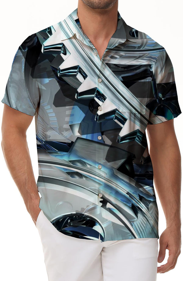 Silver Hawaiian Short Sleeve Shirt Button Casual Style Men Leisure Fashion Style Trend Indoor Party