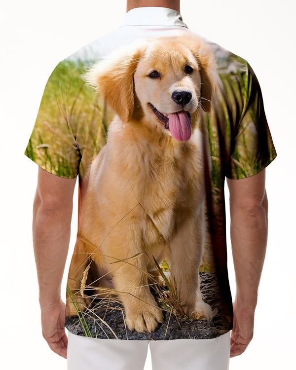 
Men's Summer Beach Casual Short Sleeve Button Shirt Golden Retriever Puppy Pet Print Hawaiian Fashion Cool Shirt Tops
                