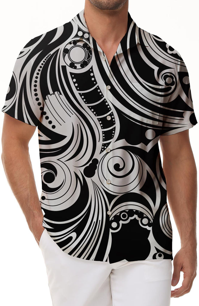 Men's black and white casual vacation seaside beach Hawaii tropical summer button-down short-sleeved shirt pocket lapel top