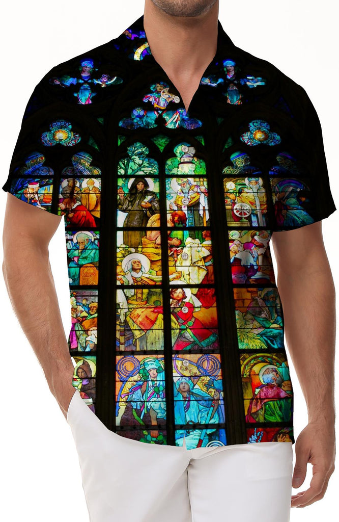 Men's Polyester Casual Loose Everyday Street Style Tropical Four Seasons Hawaiian Short Sleeve Shirt Men's Short Sleeve Shirt Button Casual Shirt Loose Top Church Stained Glass