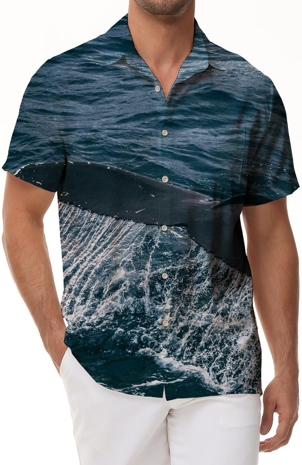 Whale Tail Men's Casual Polyester Fashion Fun Shirt Summer Comfortable Breathable Beach Top Tropical Print Hawaiian Short Sleeve Shirt Seaside