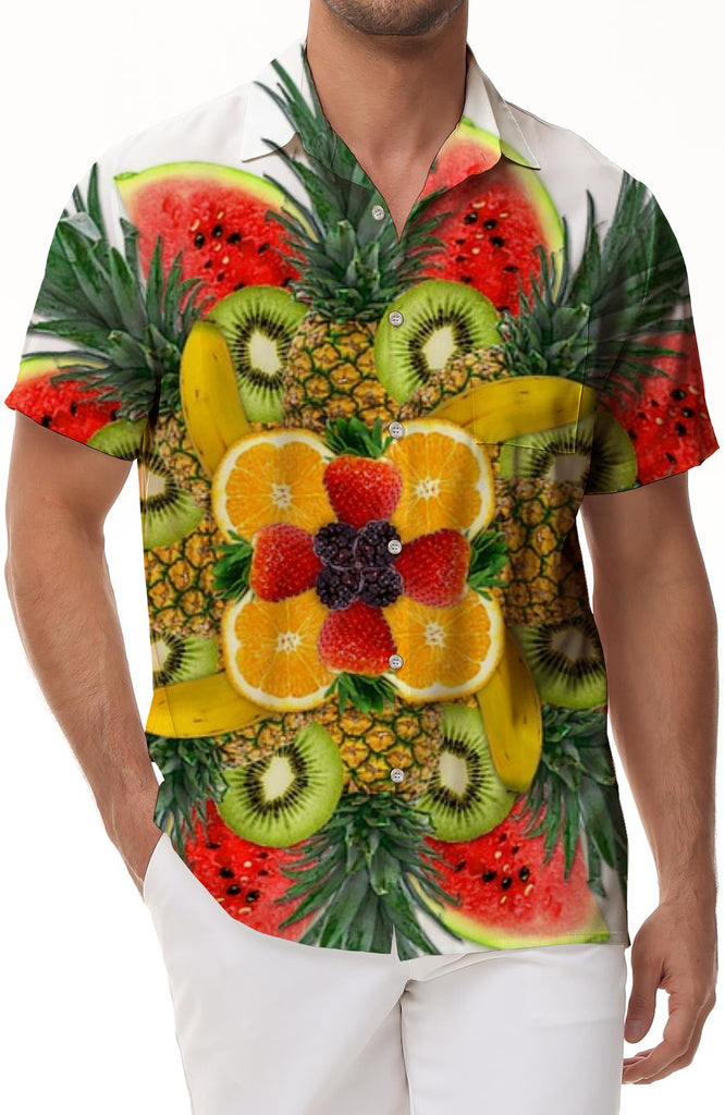 Fresh Fruit Print Beach Vacation Short Sleeve Cuban Collar Beach Shirt Perfect Casual Button Shirt