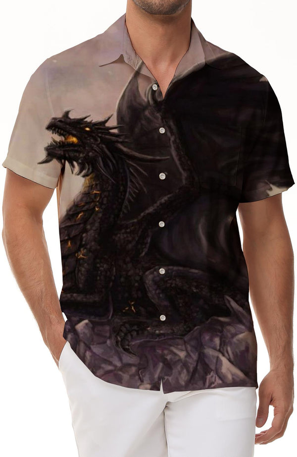 Black Flying Dragon Mens Summer Casual 3d Printed Beach Short Sleeve Button Shirt Holiday Day Street Shirt Short Sleeve