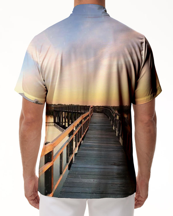 
Wooden bridge sunset romantic date 3d printed pattern men's daily street loose tropical fashion comfortable breathable trendy Hawaiian shirt
                