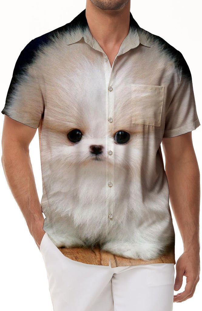 White frizzy cute puppy men's button-down fashion style Hawaiian button-down novelty short-sleeved shirt animal
