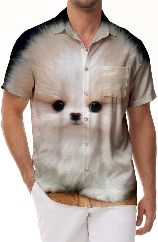 White frizzy cute puppy men's button-down fashion style Hawaiian button-down novelty short-sleeved shirt animal