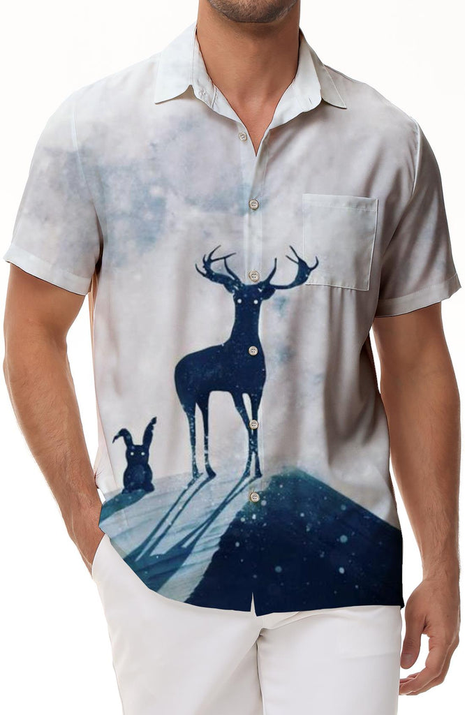 Moon Snow Brown Deer Forest Shirt Beach Short Sleeve Men's Summer Button Top Short Sleeve Shirt