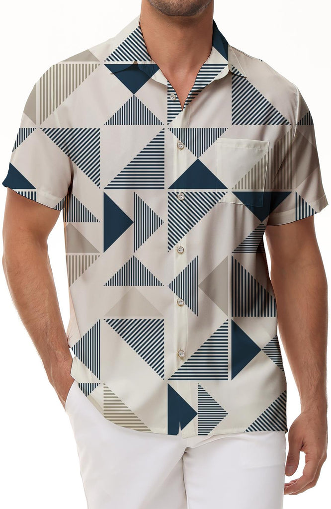 Fashion Hawaiian button-down lapel geometric men's shirt daily beach seaside short sleeve