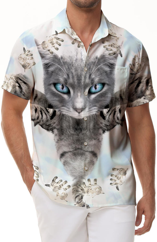 Trendy Hawaiian cute cat pet pattern button down shirt for vacation, casual short sleeve men's loose beach vacation shirt
