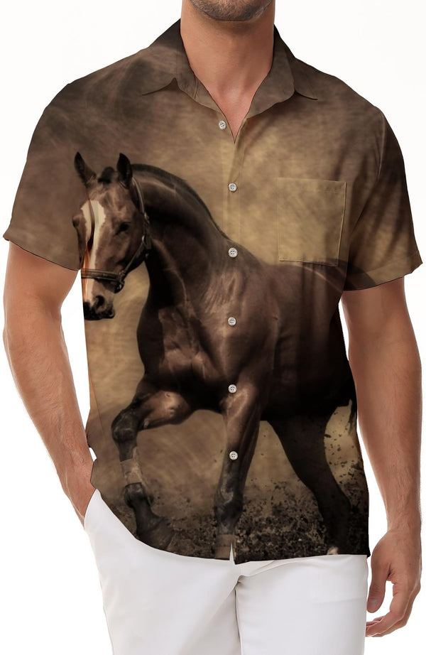 Horses running in the desert Hawaiian button pocket lapel men's casual loose lining short sleeve button-down shirt casual