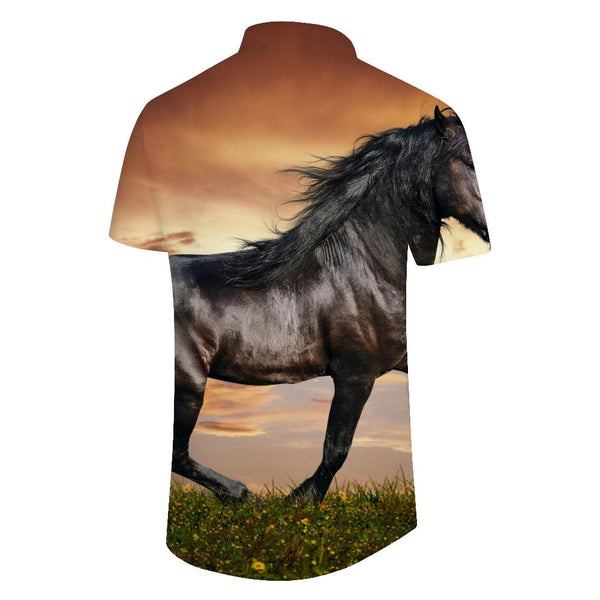 
Mens Black Horse Shirt Short Sleeve Button Loose Summer Beach Shirt Sunset Horse
                