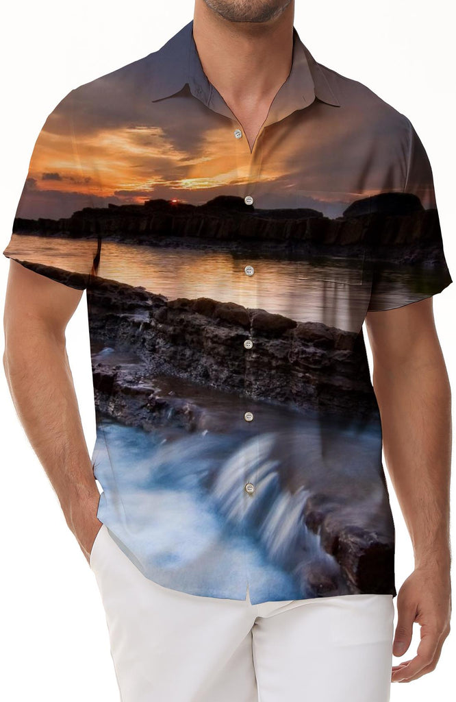 Sunset seaside landscape pattern stylish Hawaiian casual button-down lapel shirt button short sleeve top
