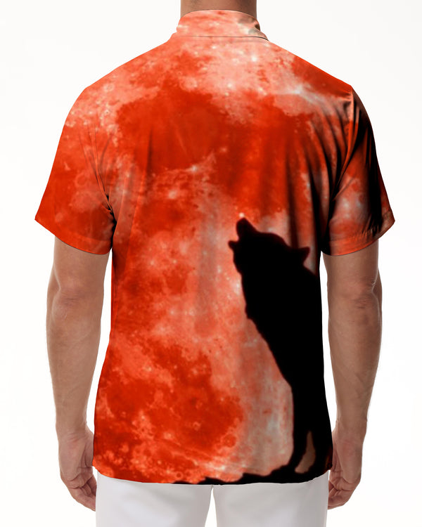 
Blood Moon Wolf Casual Men's Shirt Short Sleeve Ocean Beach Tropical Hawaiian Button Wolf Shadow Pattern Red
                
