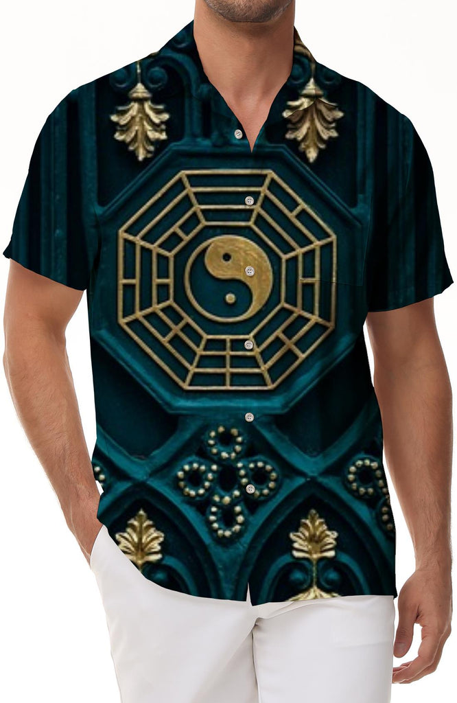 Ethnic Chinese Ying Yang Flower Men Short Sleeve Button Down Casual Shirts Summer Beach Tops