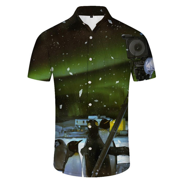 
Snow Green Aurora Cute Penguin Night Sky Button-Down Short Sleeve Shirt Men's Summer Hawaiian Shirt Tropical
                