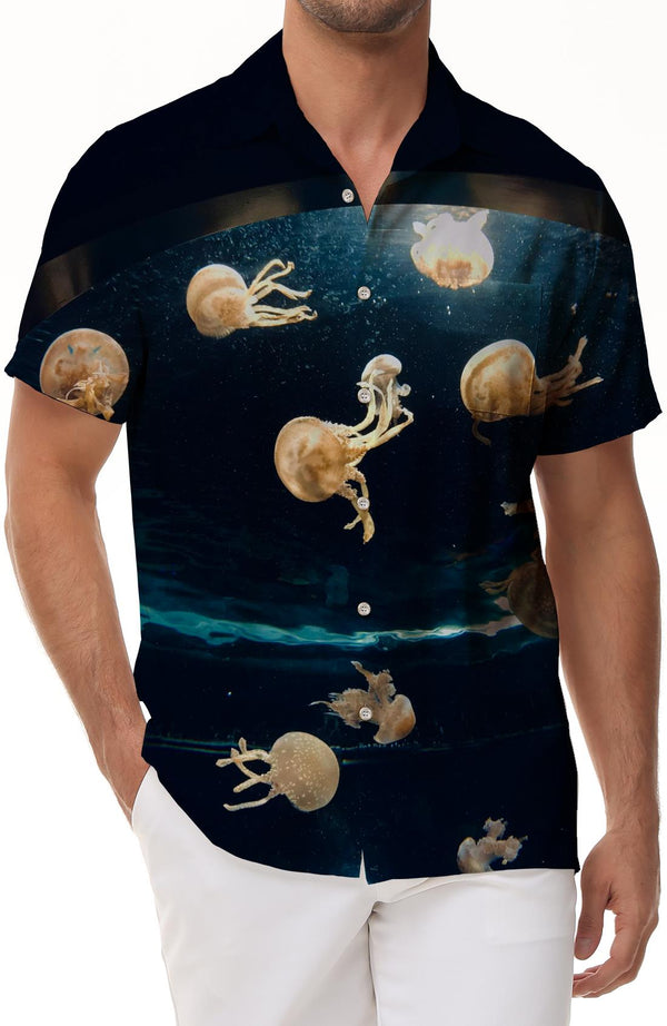 Tropical Hawaiian button-down lapel pockets colorful jellyfish print pattern men's casual daily travel vacation seaside shirt top beach