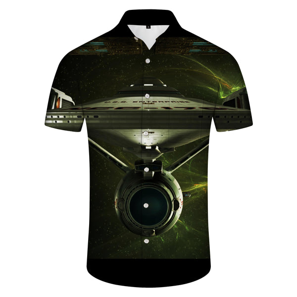 
Retro blue space war element planet and robot print short-sleeved shirt European version
                