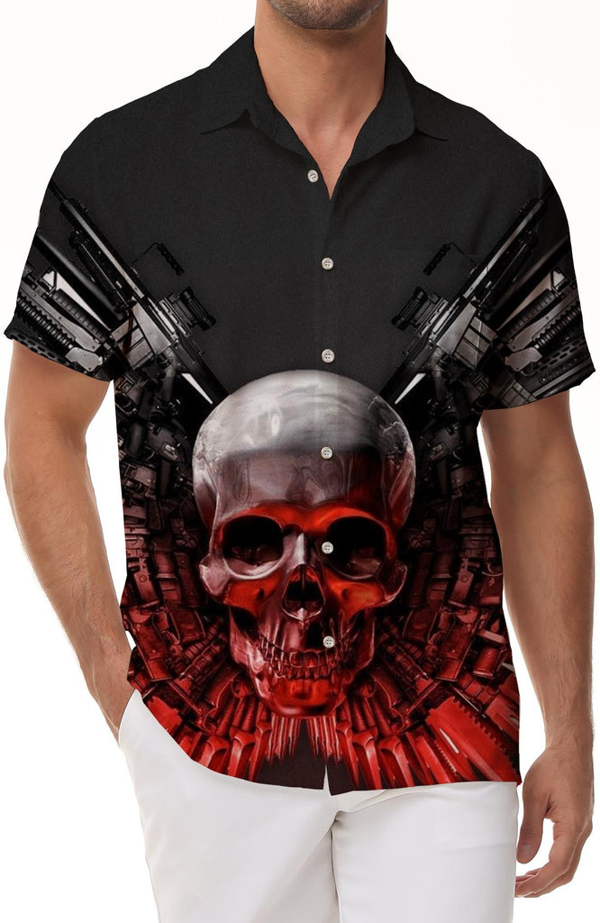 Trendy casual 3D printed skull men's fashion tropical Hawaiian button-down lapel pockets fashion trend short sleeve tops retro