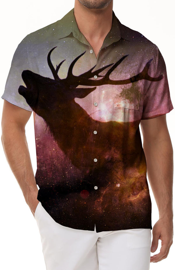 Scottish Deer Stag and Silver Sea Hawaiian Shirt Men's Short Sleeve Button Shirt Summer Tops