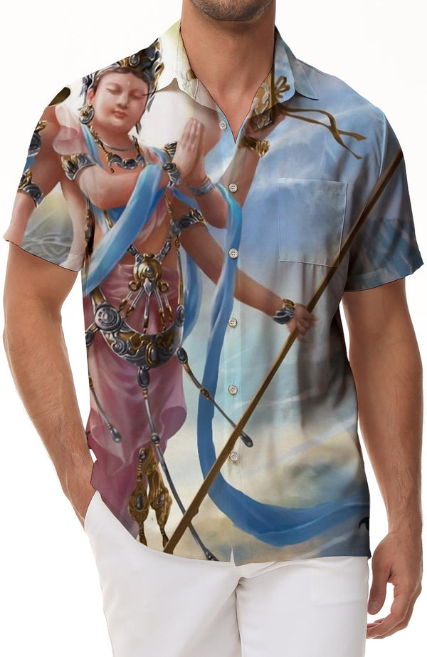 Colorful Guanyin Bodhisattva 3d Printed Pattern Men's Hawaiian Shirt Beach Casual Short Sleeve Button Shirt