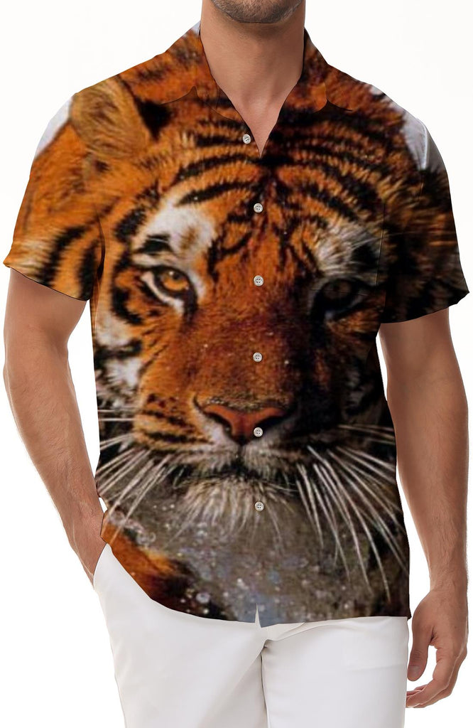 Cartoon Tiger Hawaiian Shirt for Men, Unisex Summer Beach Casual Short Sleeve Button Down Shirts