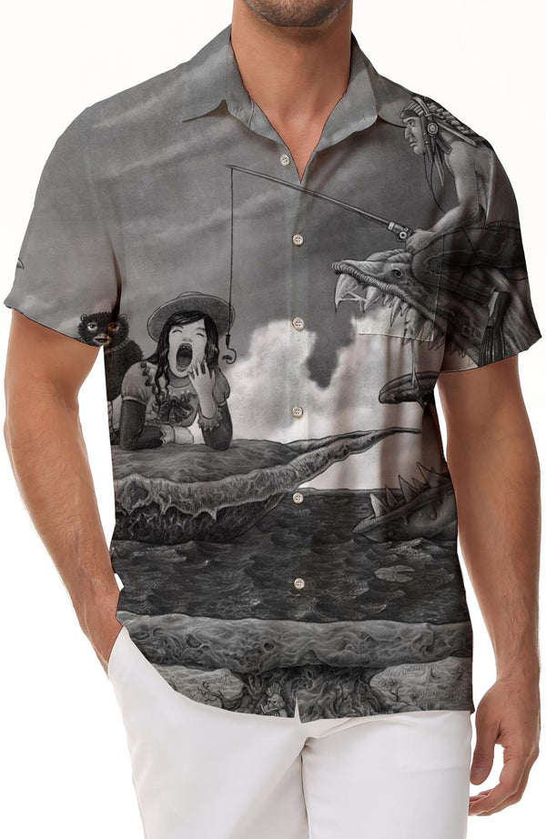 Cartoon black and white men's Hawaiian shirt men's loose Hawaiian shirt short sleeve four seasons casual beach shirt