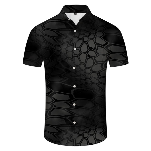 
Black geometric texture men's lapel shirt summer beach short-sleeved button-down casual shirt
                