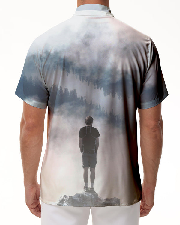 
Natural environment cartoon misty mountains men's casual loose short sleeve button shirt casual summer beach shirt
                