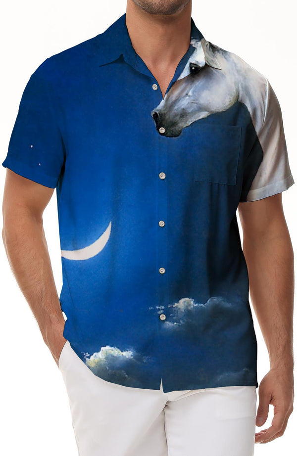 Night Sky Stars Moon and Clouds White Horse Men's Loose Short Sleeve Shirt 3D Printed Button-Up Beach Shirt Casual Hawaiian Shirt Blue