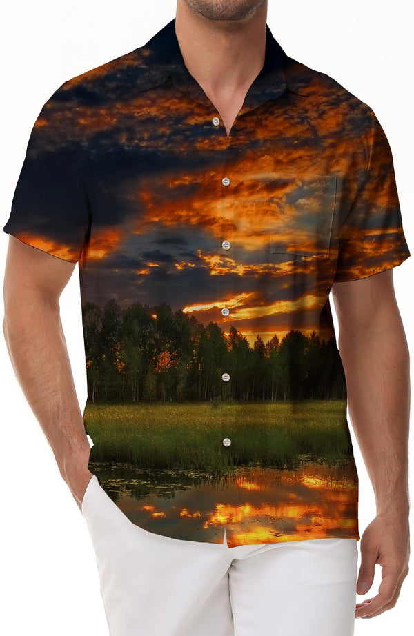 Landscape sunset print summer beach casual short sleeve button down shirt mens Hawaiian shirt button down lapel