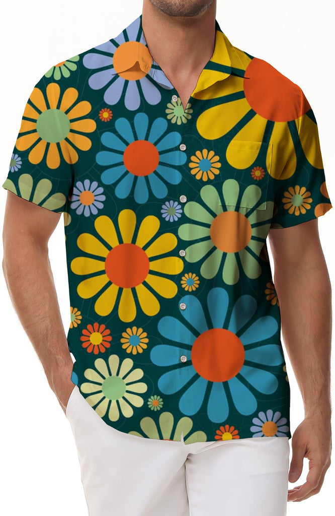 Small chrysanthemum 3D digital printing pattern men's daily simple versatile casual loose Hawaiian button lapel pocket short sleeve