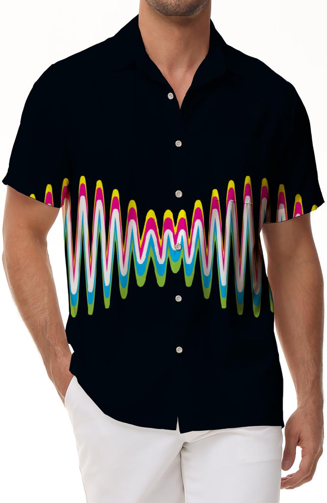 Black Color Line Art Men's Loose Casual Loose Lapel Hawaiian Tropical Button Down Lapel Pocket Shirt