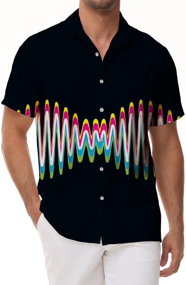 Black Color Line Art Men's Loose Casual Loose Lapel Hawaiian Tropical Button Down Lapel Pocket Shirt