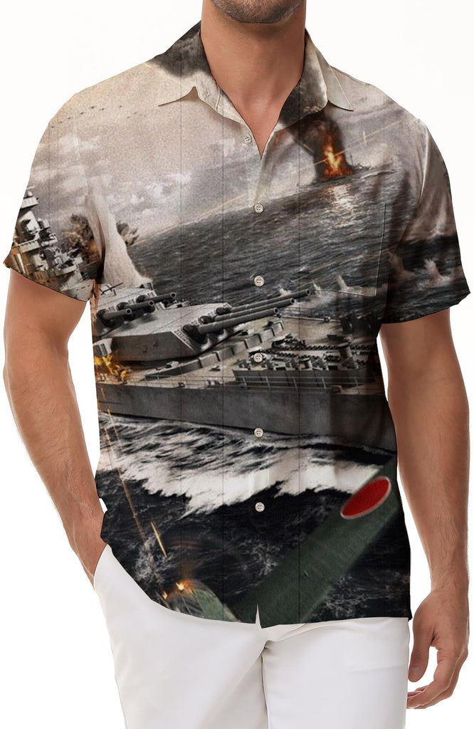 Sea Aircraft Carrier Hawaiian Shirt Men's Vintage Short Sleeve Casual Shirt Button Collar Beachwear