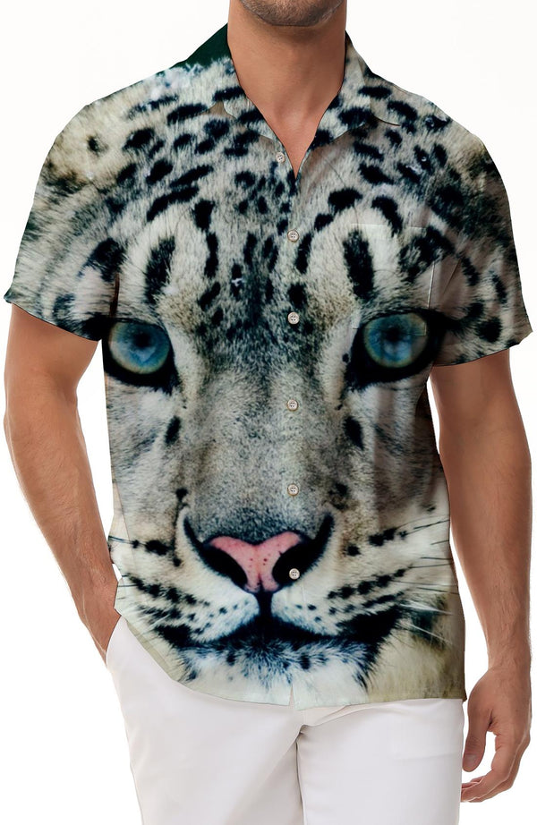 Men's Snow Tiger Print Short Sleeve Hawaiian Button Fashion Shirt Short Sleeve Seaside Vacation Travel