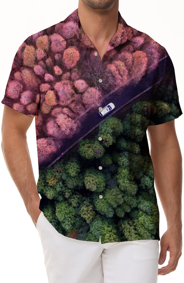 Pink and blue tree print pattern men's casual Hawaiian shirts casual button-up party short sleeve button-down shirt beach wear