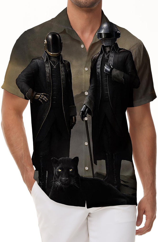 Punk trendy men's pattern short sleeve fashion shirt full print summer casual tops black