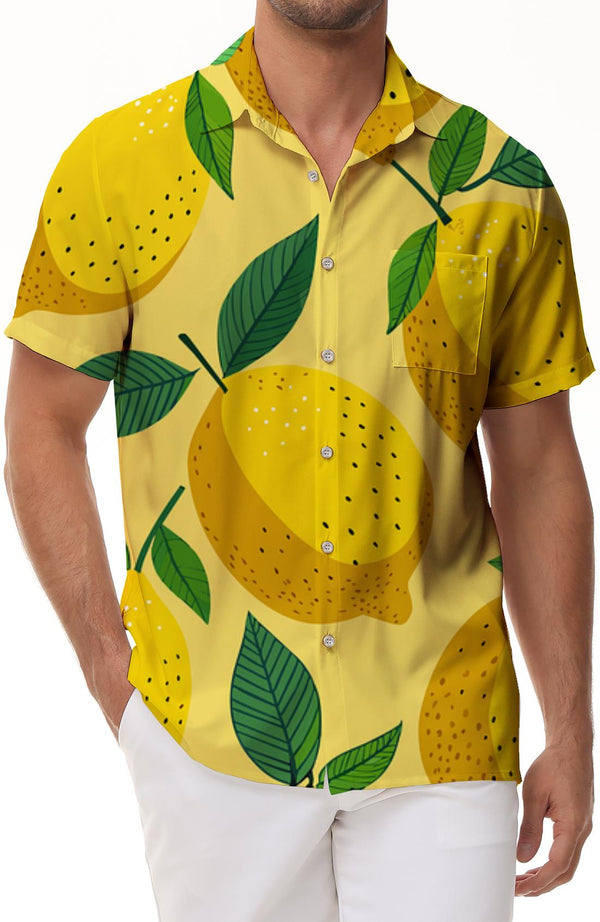 Lemon Print Shirt Hawaiian Shirt Men Bright Citrus Fruit Casual Shirt Shirt Short Sleeve Fashion