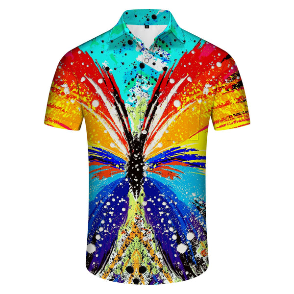 
Artistic colorful butterfly digital print pattern fashion casual men's Hawaiian tropical beach vacation top short sleeve
                