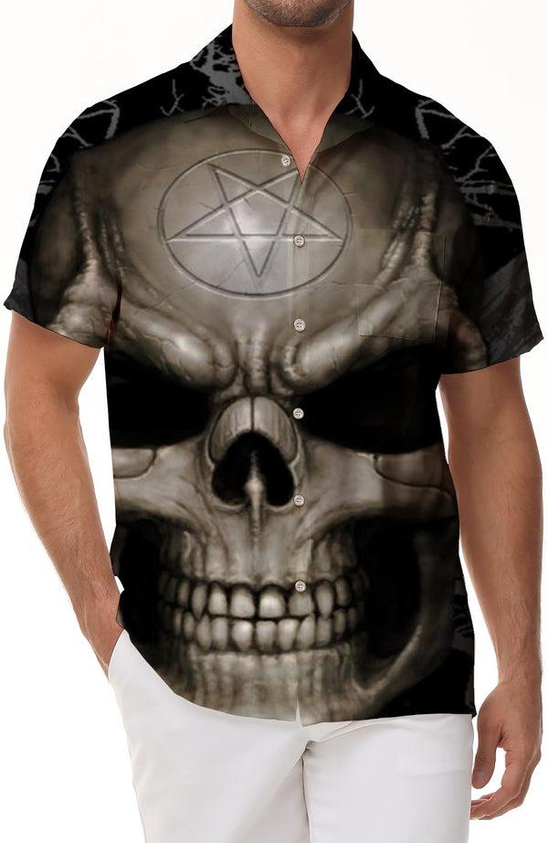 Casual Men's Button Short Sleeve Hawaiian Shirt Beach Top Gothic Witch Skull Black